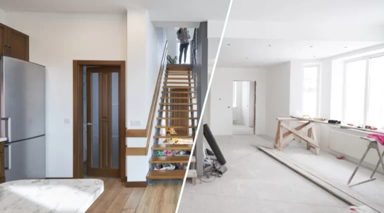 before and after pic of kitchen and hallway